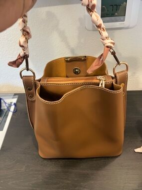 Women's Tan Bucket Tote Bag with Scarf-Detail Handle